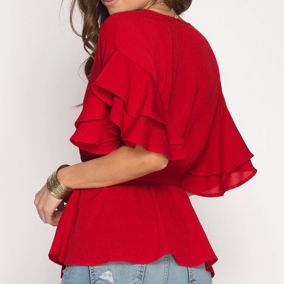 LAST ONE!  Red Ruffled Sleeve Tie  Waist top - Picture 3 of 5